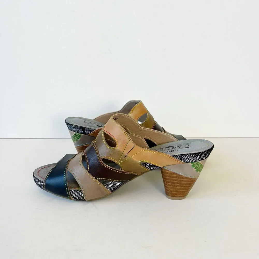 L’Artiste By Springstep Pita Leather Sandals Slip On Artsy Black Multi Sz 8.5/39 - Picture 10 of 14